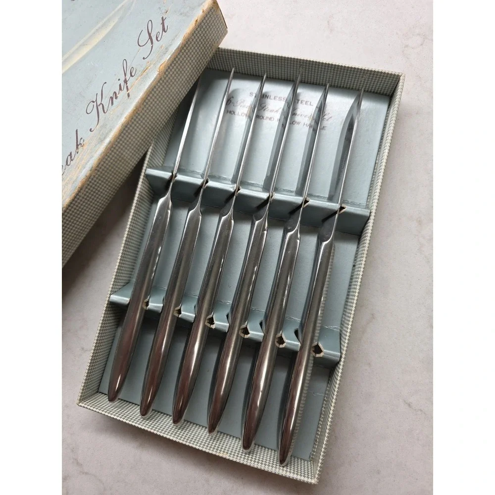 SET OF 6 Steak Knives Stainless Steel Hollow Ground Hollow Handle